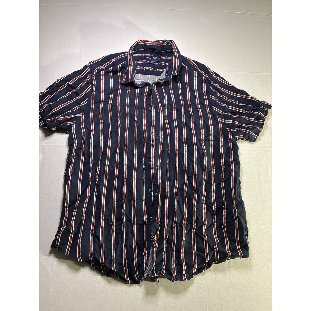 Denim And Flower Striped Blue and red button up Short sleeve Shirt Men's Size L